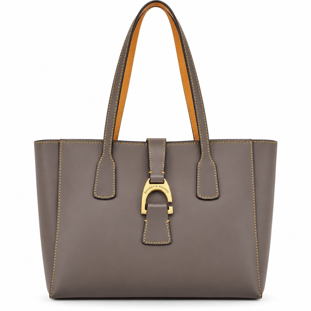 Dooney & Bourke Alto Leather Tote Bag Taupe Contrast Stitch Buckle Shoulder Chic